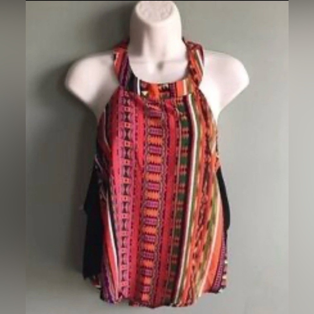 ASTR The Label Colorful High Neck Open Back Blouse, Women’s Small Party Shirt